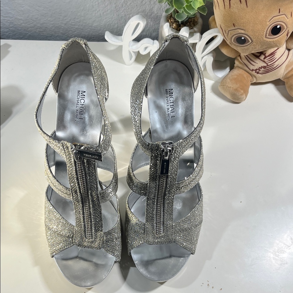 MICHAEL Michael Kors Silver Glitter Zip-Front Strappy Heels
